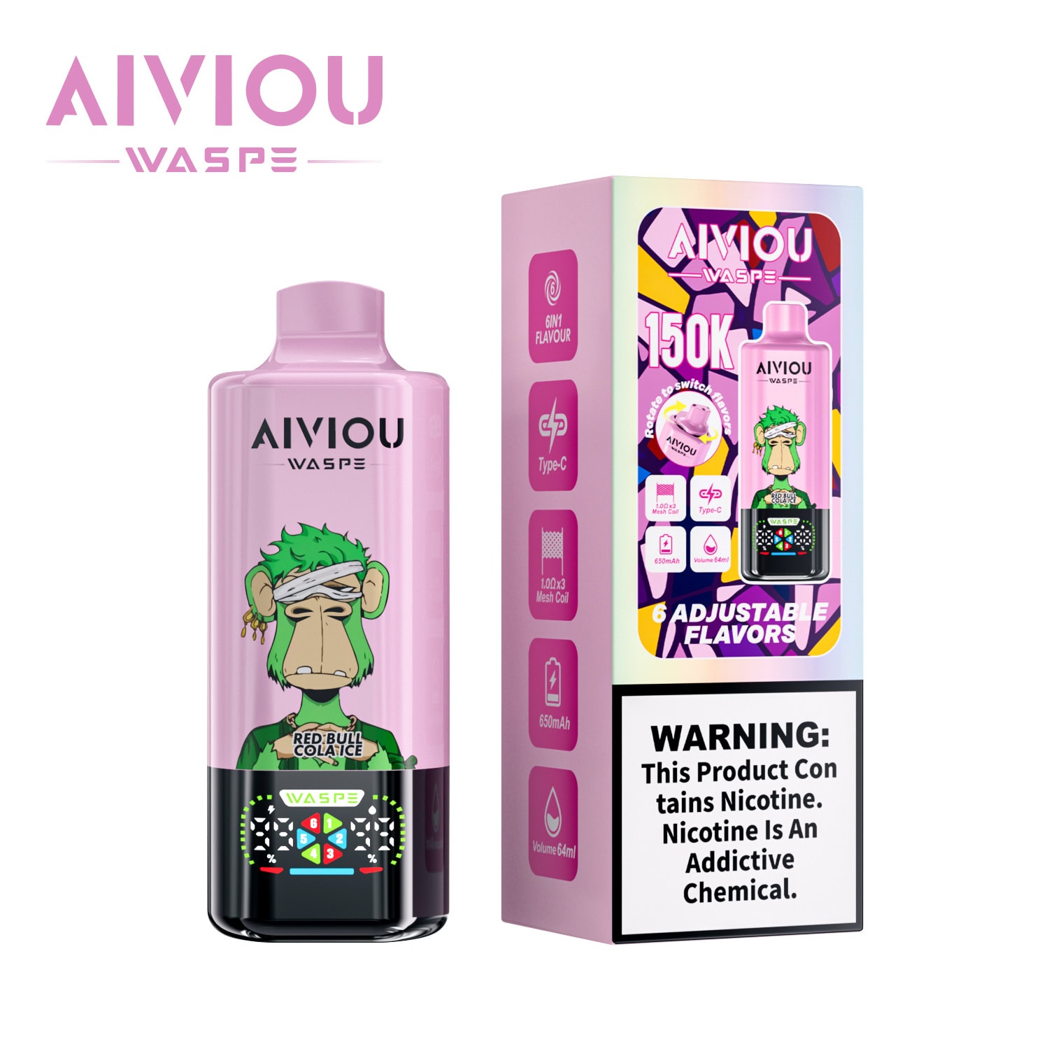 WASPE AIVIOU 6 in 1 150K Red Bull Cola Ice & Strawberry Raspberry Cherry & Blackberry Dragon Fruit - Image 2