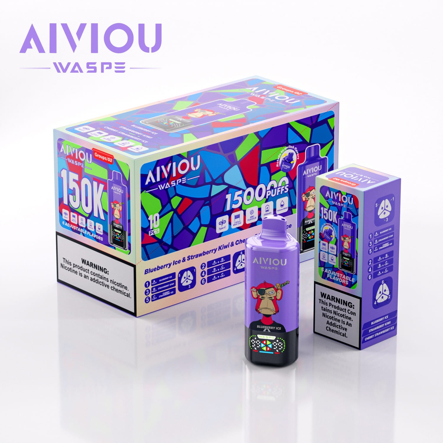 WASPE AIVIOU 6 in 1 150K Blueberry Ice & Strawberry Kiwi & Cherry Strawberry Ice - Image 3