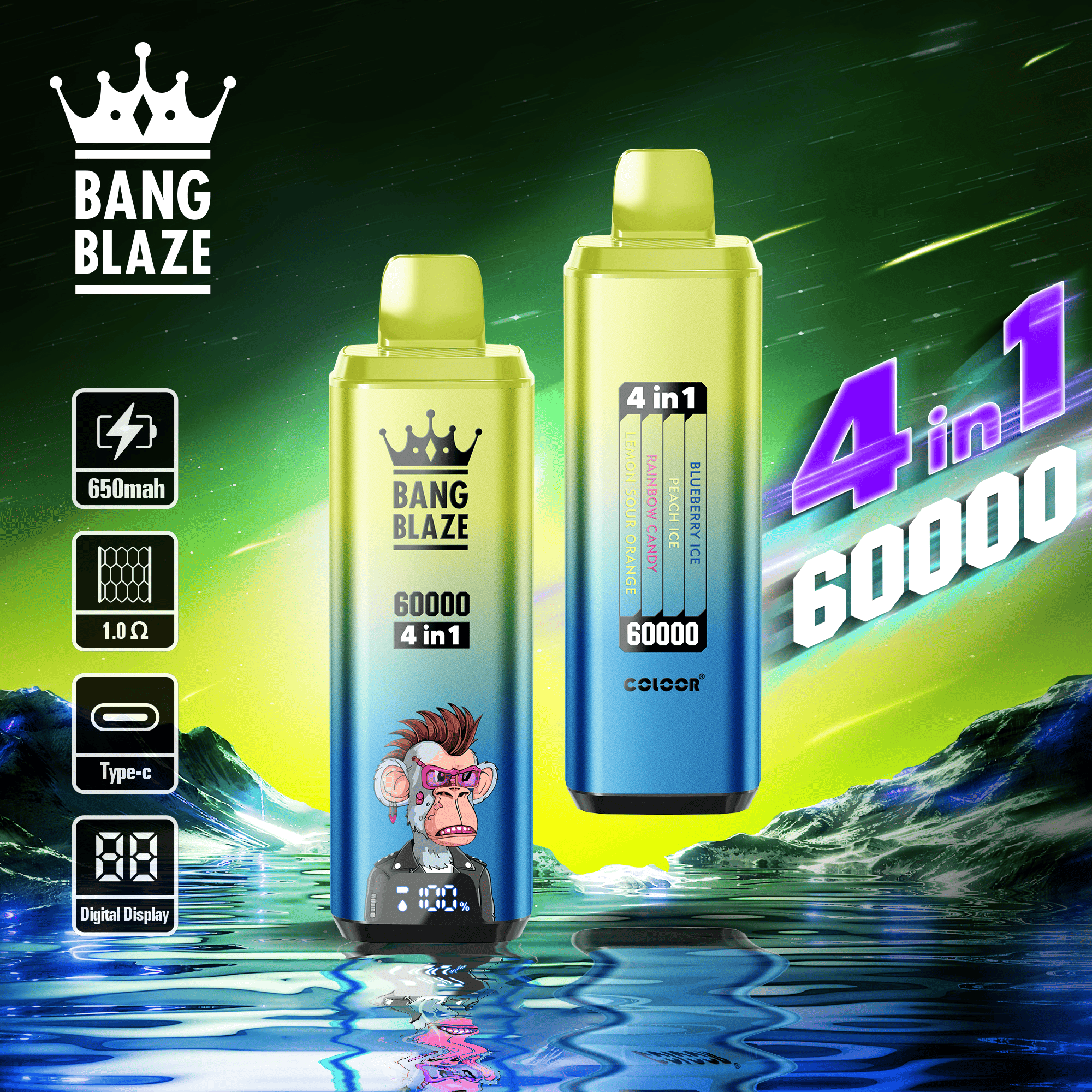 Bang Blaze 60000 Blueberry Ice & Peach Ice & Rainbow Candy & Lemon Sour Orange