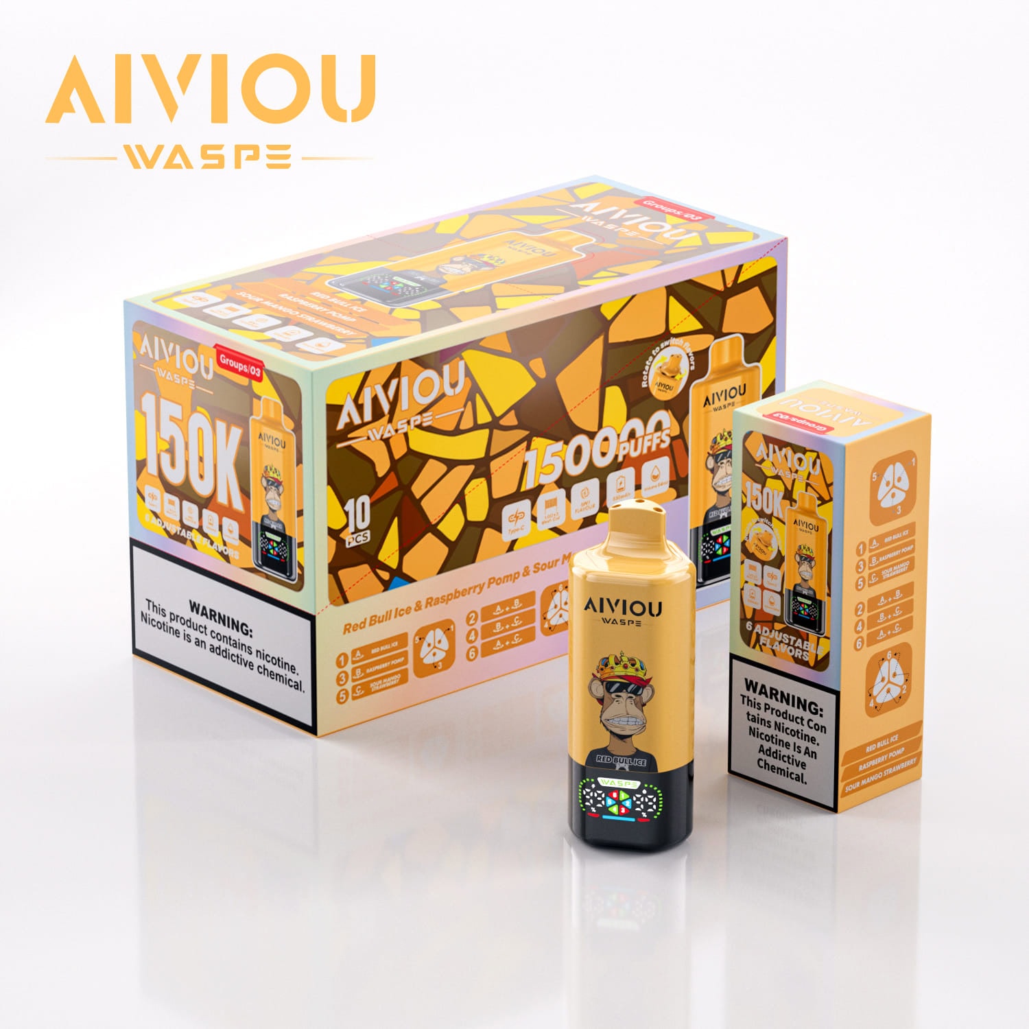 WASPE AIVIOU 6 in 1 150K Red Bull Ice & Raspberry Pomp & Sour Mango Strawberry - Image 3
