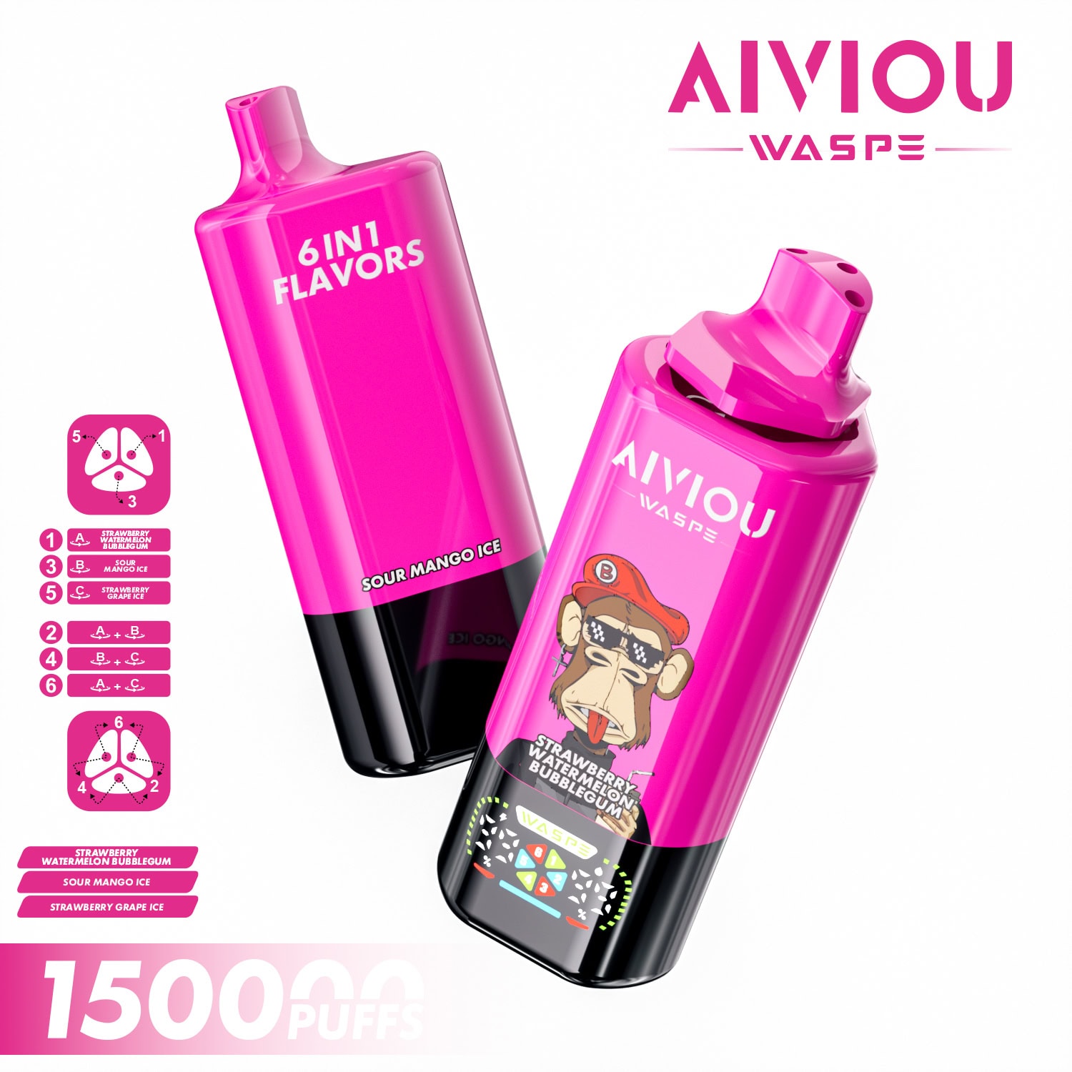 WASPE AIVIOU 6 in 1 150K Strawberry Watermelon Bubblegum & Sour Mango Ice & Strawberry Grape Ice