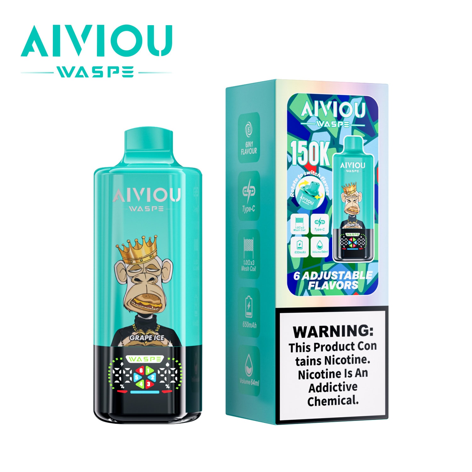 WASPE AIVIOU 6 in 1 150K Grape Ice & Blue Razz Cherry & Strawberry Ice - Image 2