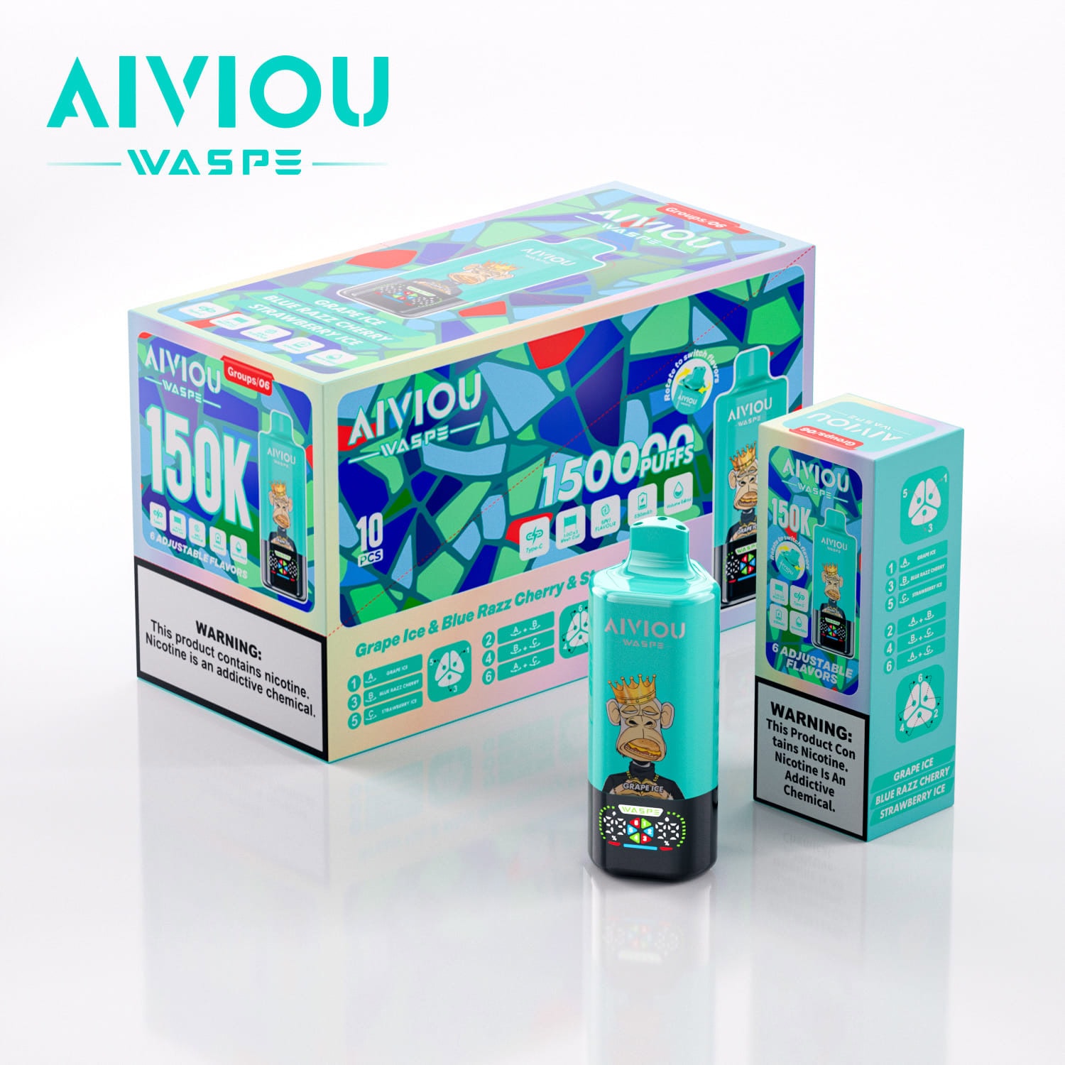 WASPE AIVIOU 6 in 1 150K Grape Ice & Blue Razz Cherry & Strawberry Ice - Image 3