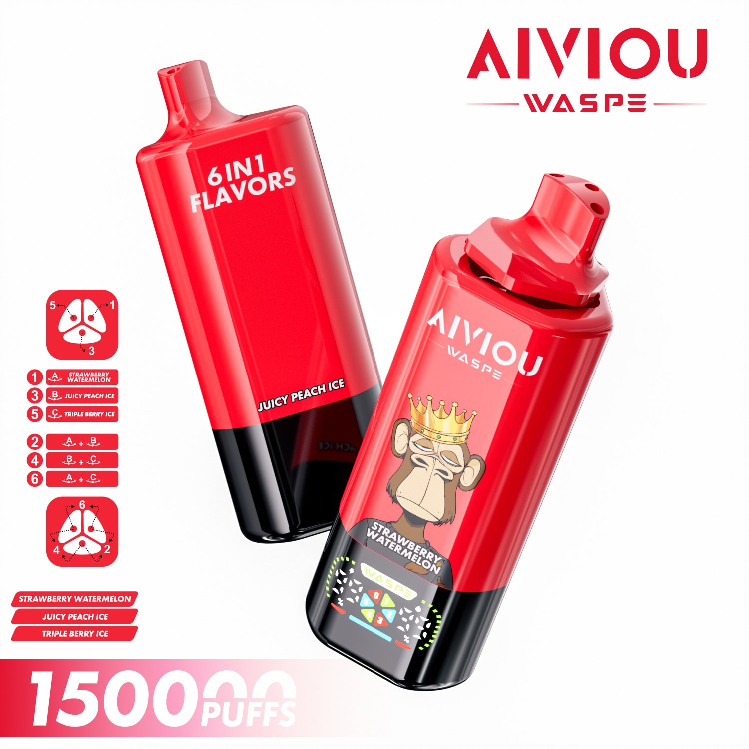 WASPE AIVIOU 6 in 1 150K Strawberry Watermelon & Juicy Peach Ice & Triple Berry Ice