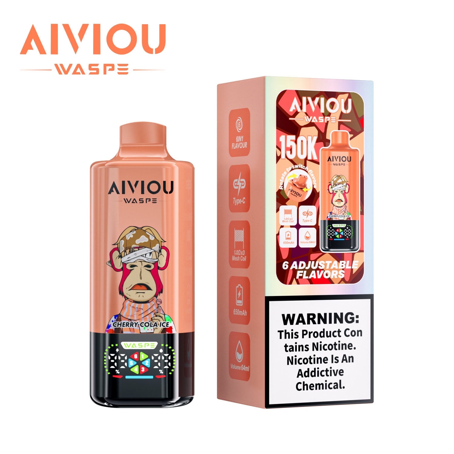 WASPE AIVIOU 6 in 1 150K Cherry Cola Ice & Strawberry Red Bull Ice & Watermelon Raspberry - Image 2