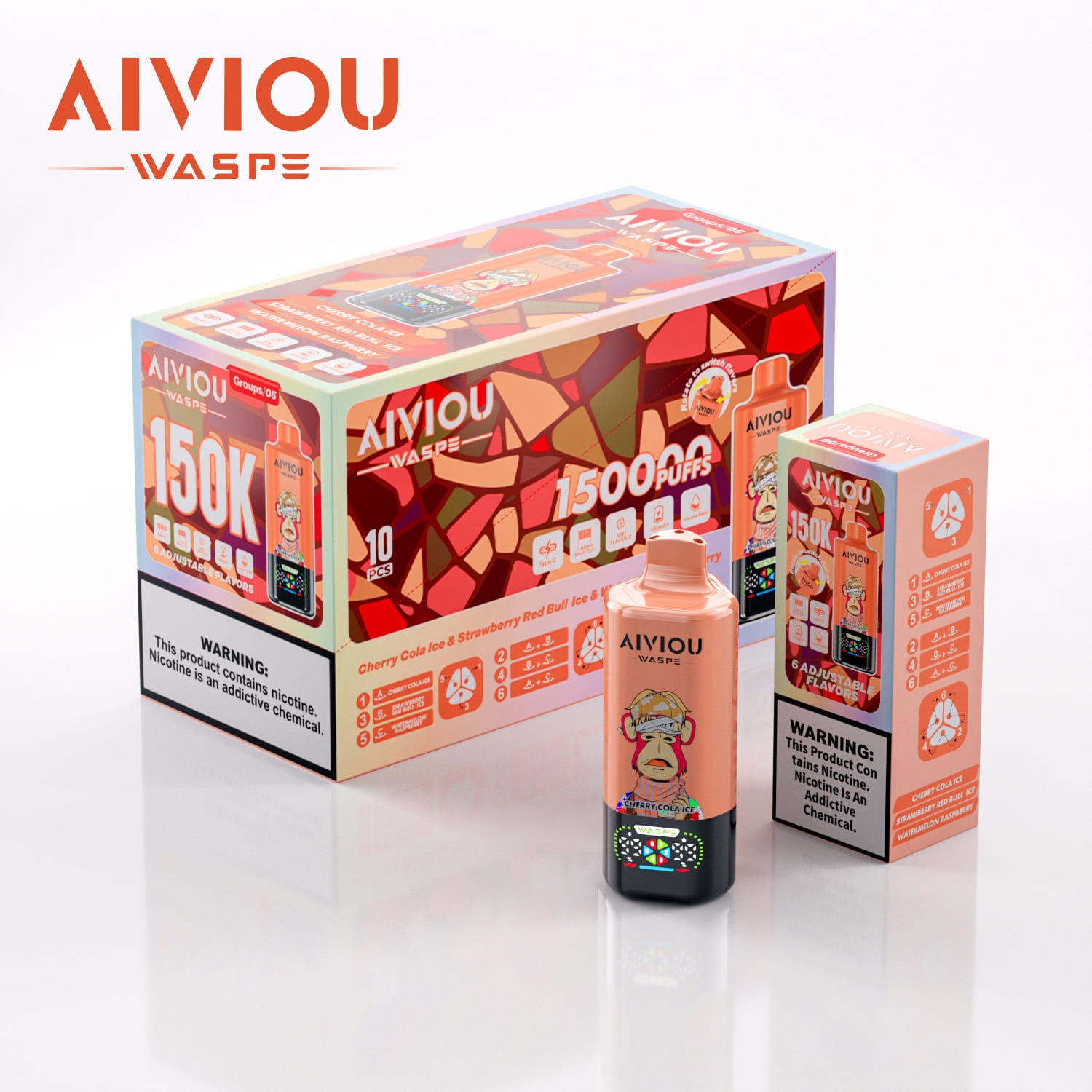 WASPE AIVIOU 6 in 1 150K Cherry Cola Ice & Strawberry Red Bull Ice & Watermelon Raspberry - Image 3