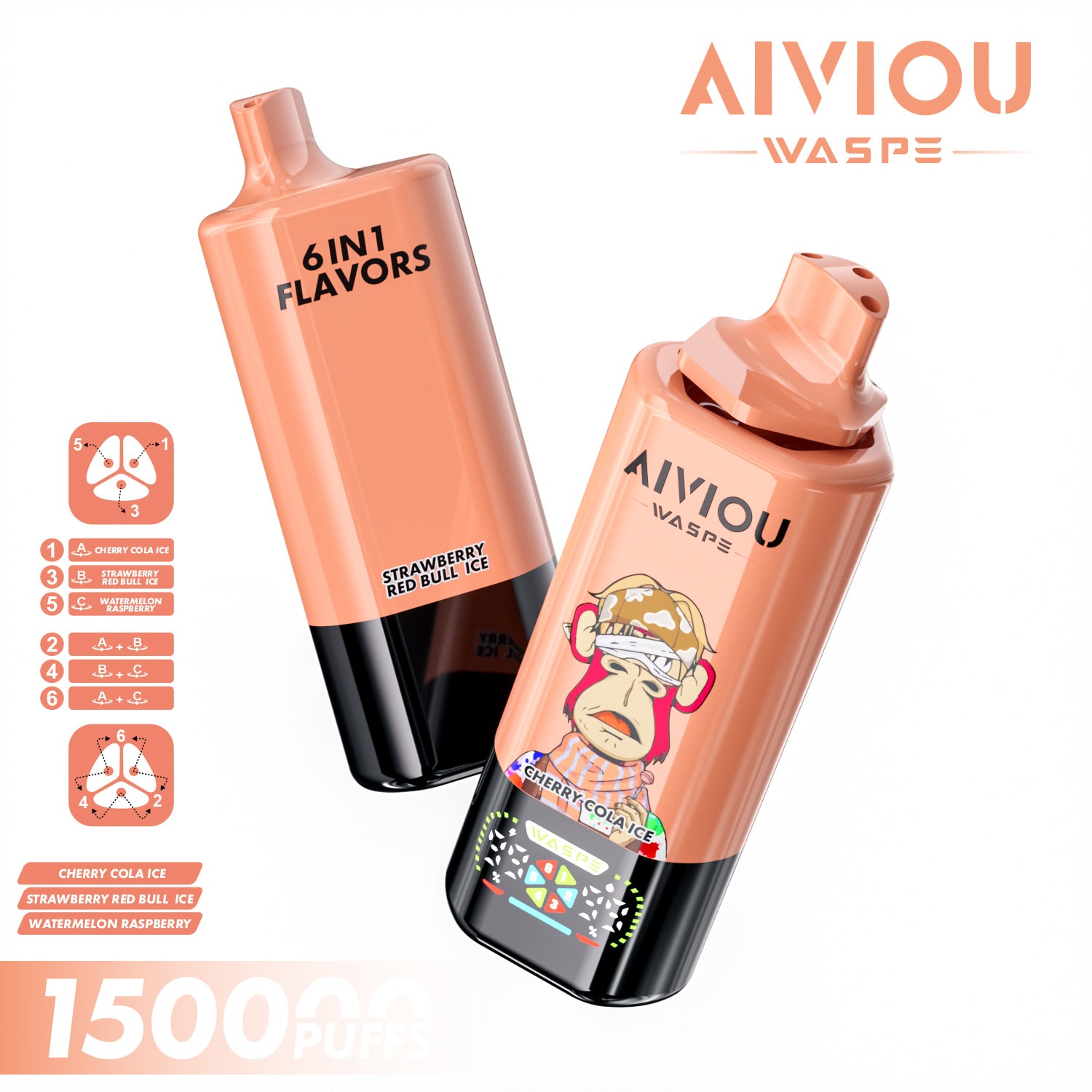 WASPE AIVIOU 6 in 1 150K Cherry Cola Ice & Strawberry Red Bull Ice & Watermelon Raspberry