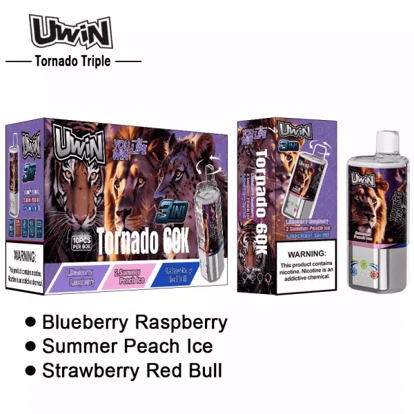 Uwin Tornado Triple 60K Summer Peach Ice & Blueberry Raspberry & Strawberry Red Bull - Image 3