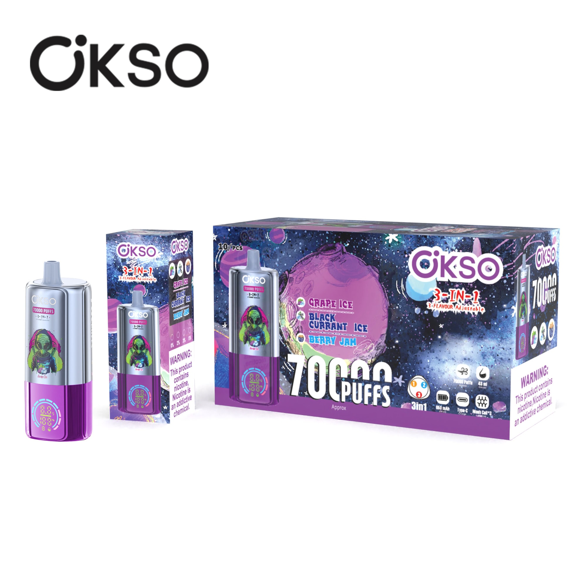 OKSO 3in1 70000 Grape Ice & Blackcurrant Ice & Berry Jam – Bild 2