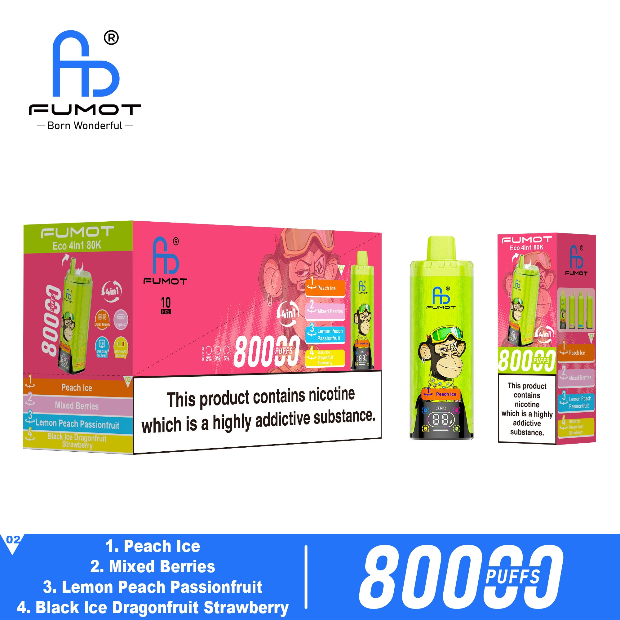 Fumot ECO 4in1 80K Peach Ice & Mixed Berries & Lemon Peach Passionfruit & Black Ice Dragonfruit Strawberry - Image 3
