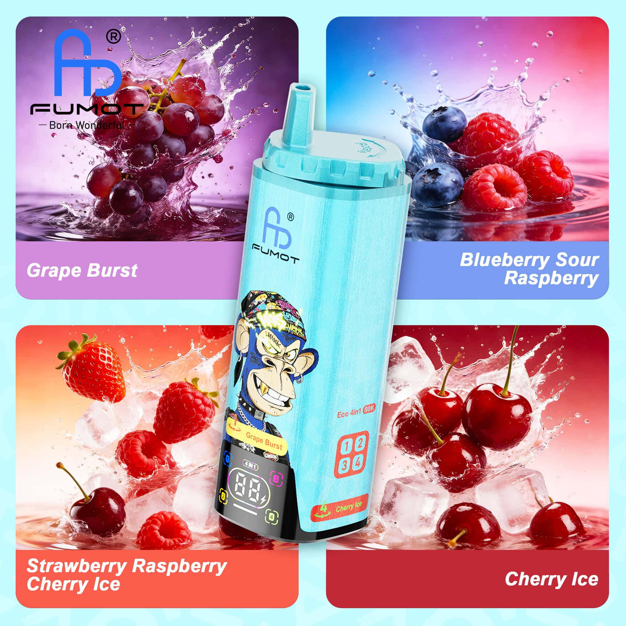 Fumot ECO 4in1 80K Grape Burst & Blueberry Sour Raspberry & Strawberry Raspberry Cherry Ice & Cherry Ice