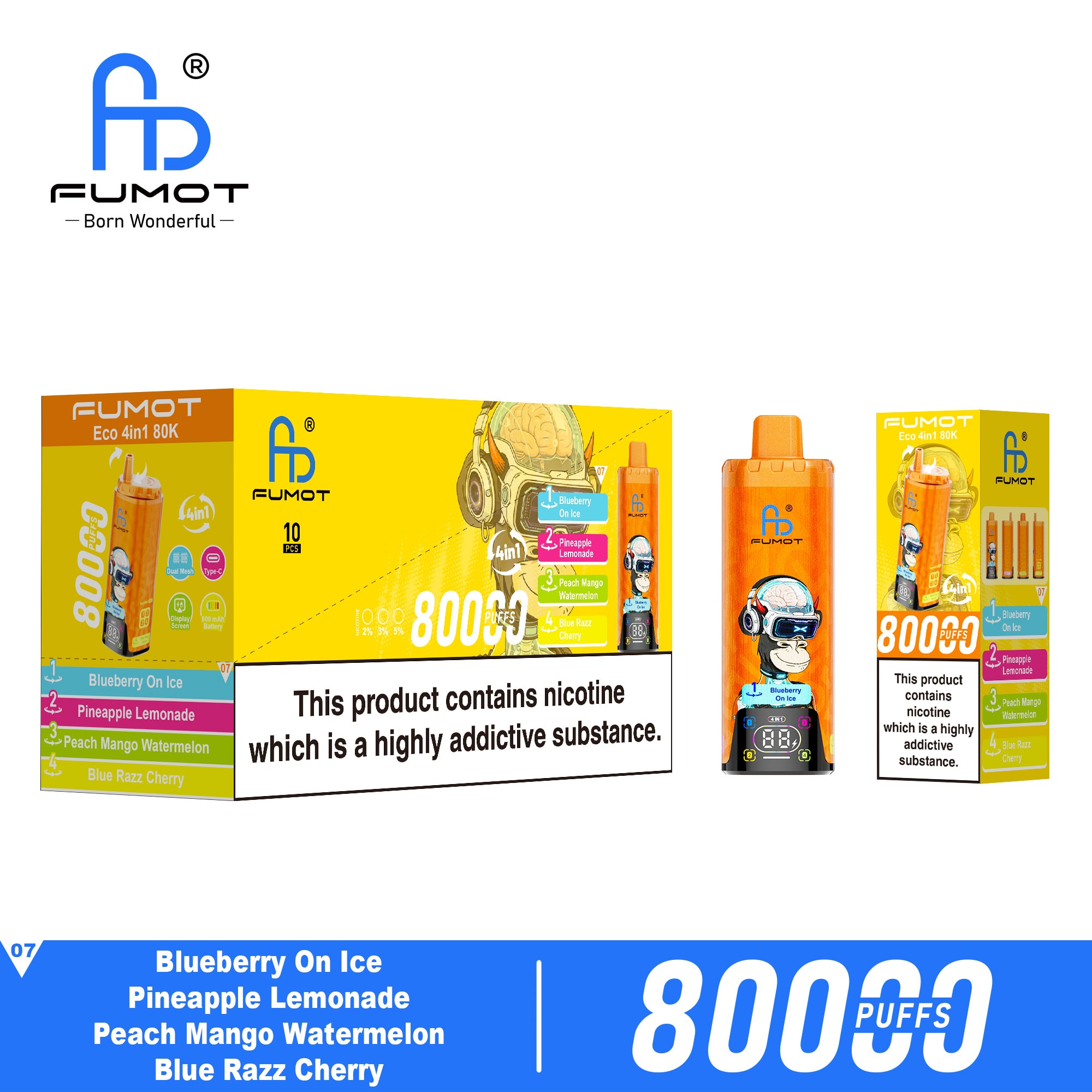 Fumot ECO 4in1 80K Blueberry On Ice & Pineapple Lemonade & Peach Mango Watermelon & Blue Razz Cherry - Image 3
