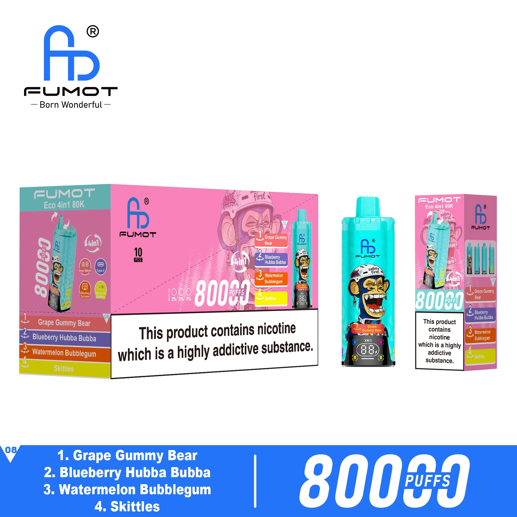 Fumot ECO 4in1 80K Grape Gummy Bear & Blueberry Hubba Bubba & Watermelon Bubblegum & Skittles - Image 3