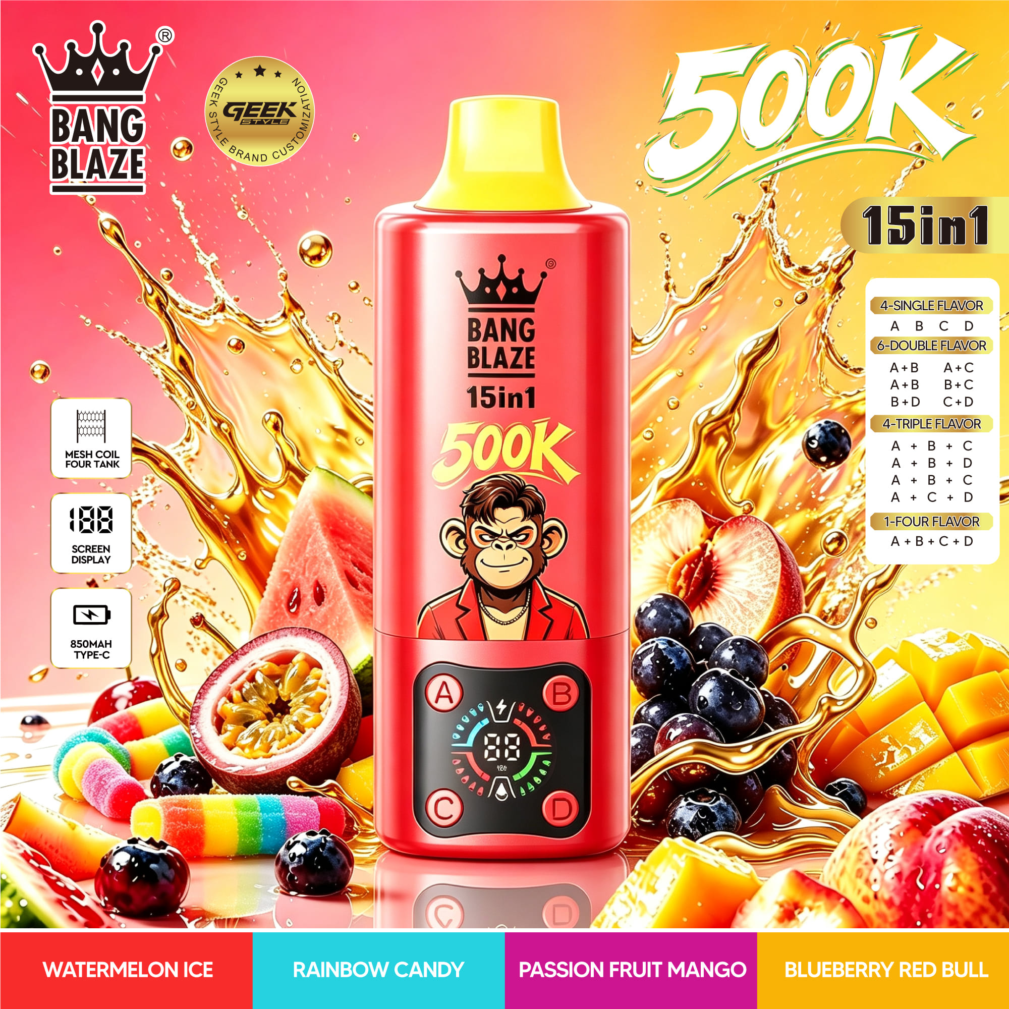 Bang Blaze 15 in 1 500K Watermelon Ice & Rainbow Candy & Passion Fruit Mango & Blueberry Red Bull