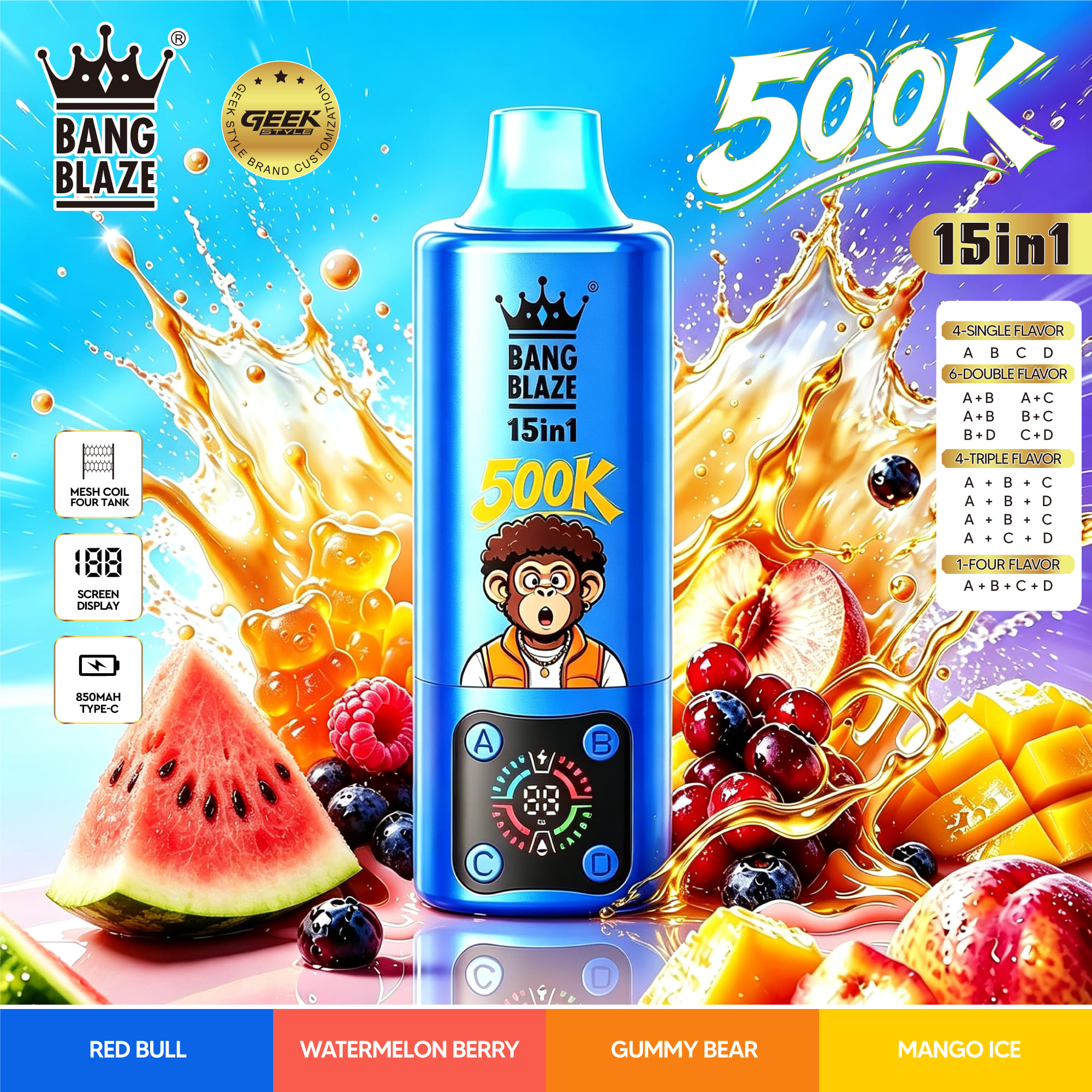 Bang Blaze 15 in 1 500K Red Bull & Watermelon Berry & Bear Fudge & Mango Ice