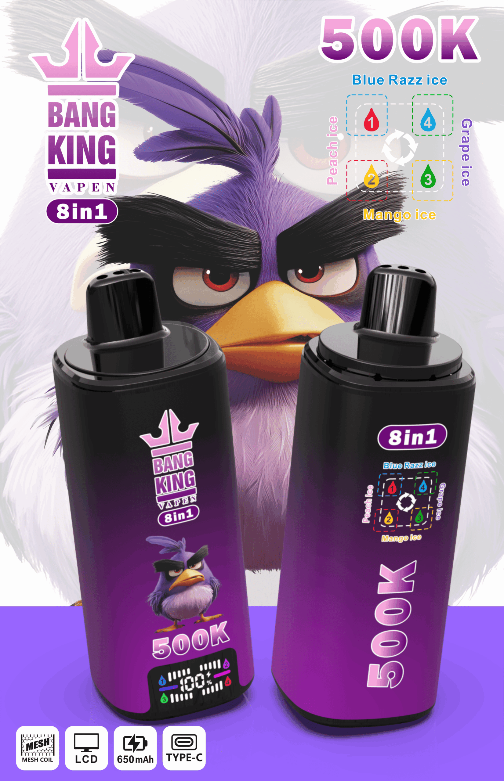 Bang King 8 in 1 500K Blue Razz Ice & Peach Ice & Grape Ice & Mango Ice