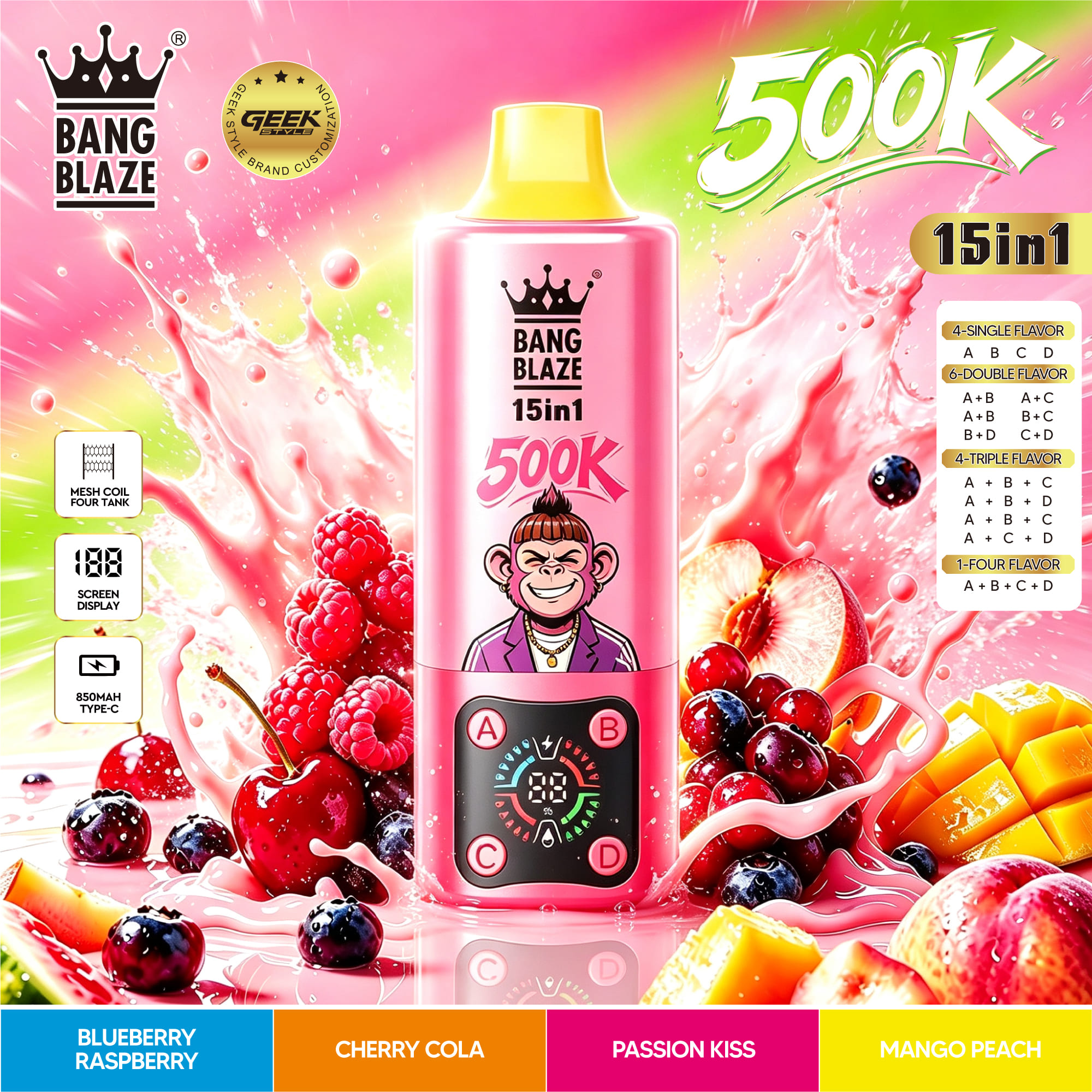 Bang Blaze 15 in 1 500K Blueberry Raspberry & Cherry Coke & Passionate Kiss & Mango Peach