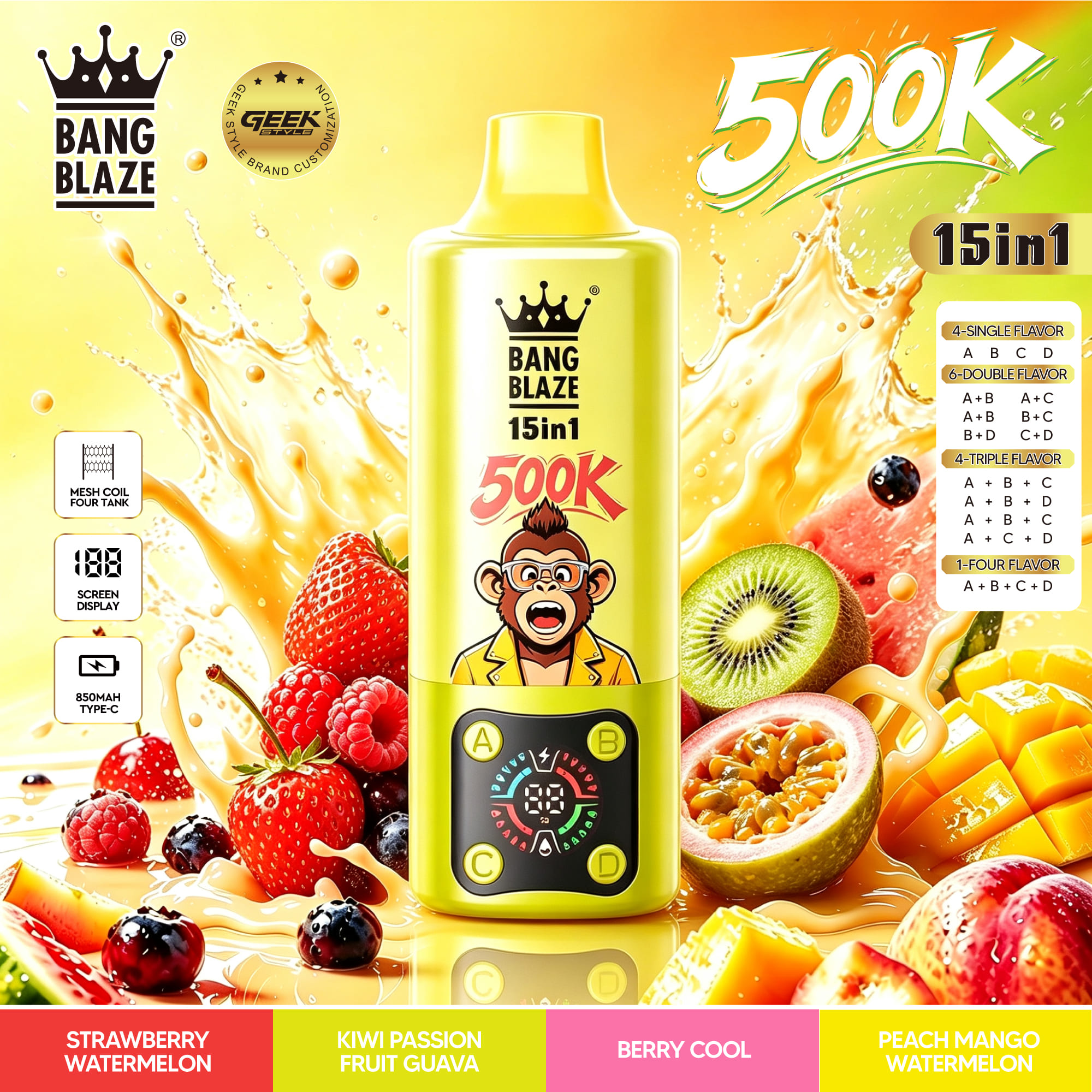 Bang Blaze 15 in 1 500K Strawberry Watermelon & Kiwi Passion Fruit Guava & Berry Cool & Peach Mango Watermelon