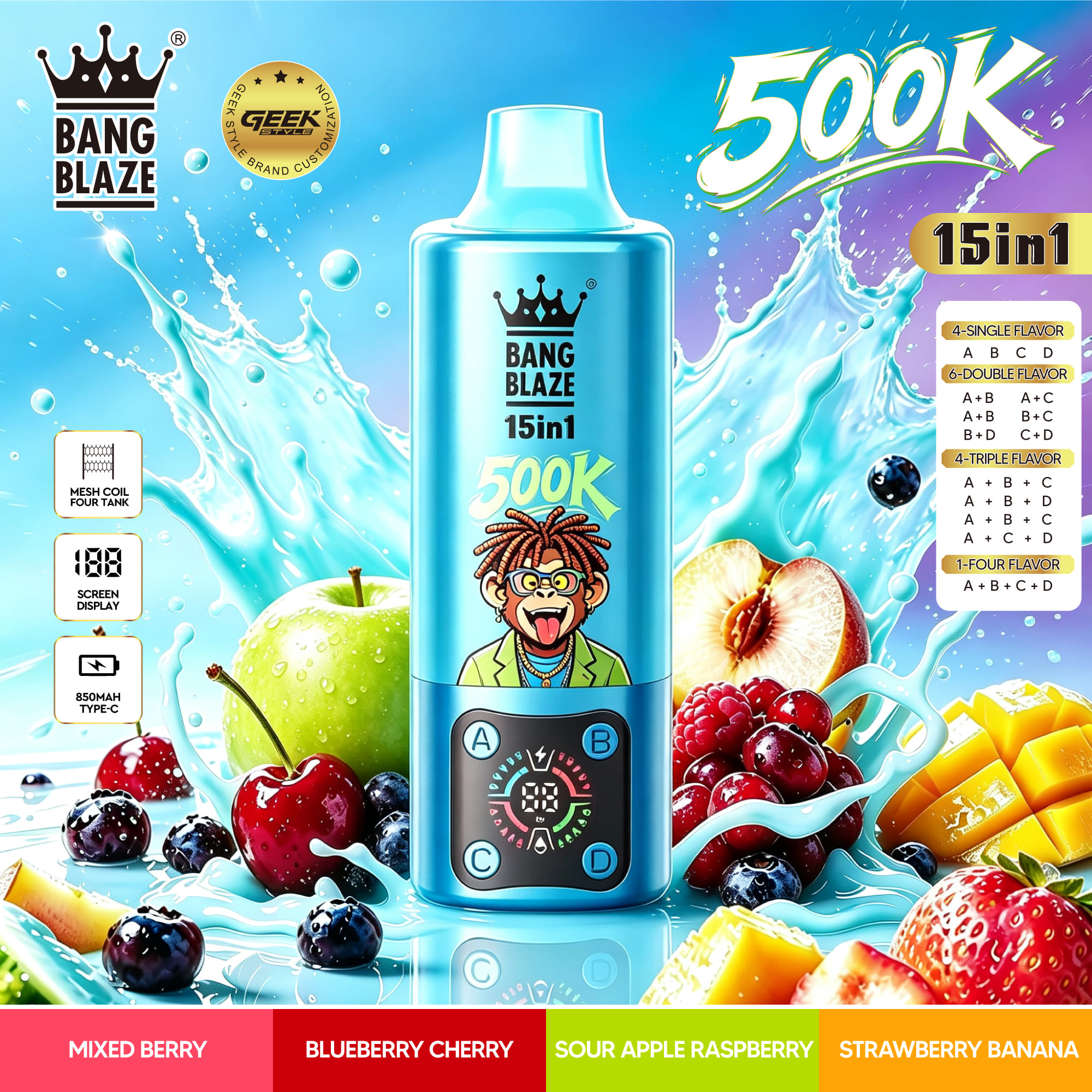 Bang Blaze 15 in 1 500K Mixed Berry & Blueberry Cherry & Sour Apple Raspberry & Strawberry Banana