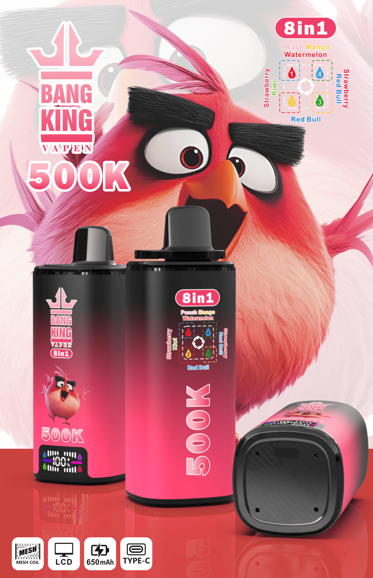 Bang King 8 in 1 500K Peach Mango Watermelon & Red Bull & Strawberry Red Bull & Strawberry Kiwi