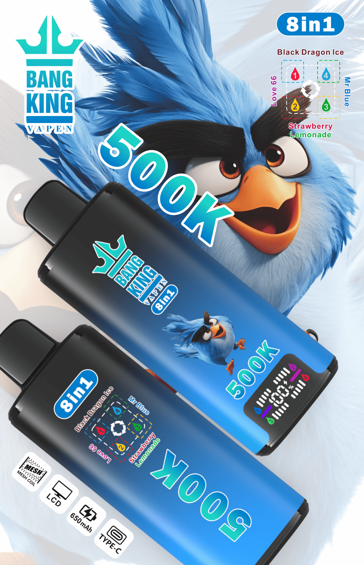 Bang King 8 in 1 500K Black Dragon Ice & Love 66 & Mr Blue & Strawberry Lemonade