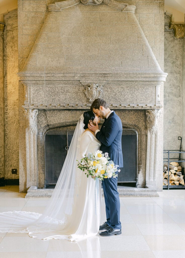 Banff Springs elopement portraits with couple in elegant historic hotel setting