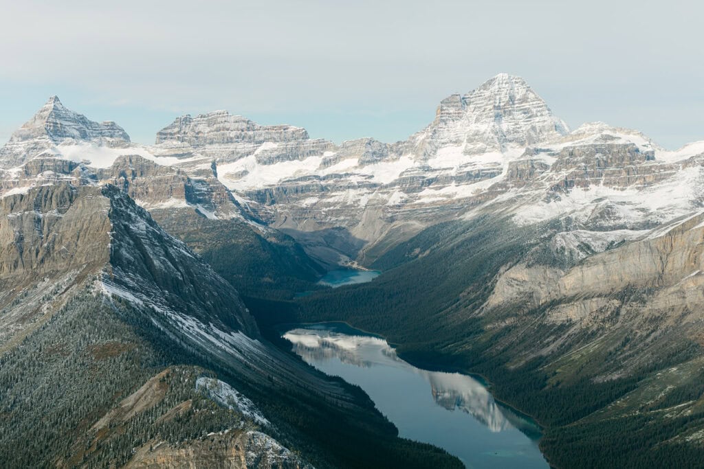 Aerial helicopter view of glaciers and mountains near Golden British Columbia