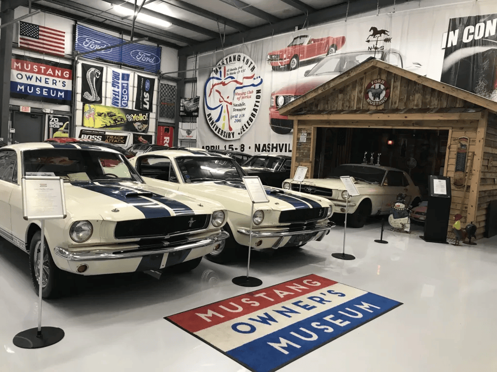 Classic Ford Mustangs on display at Mustang Owner's Museum in Charlotte.
