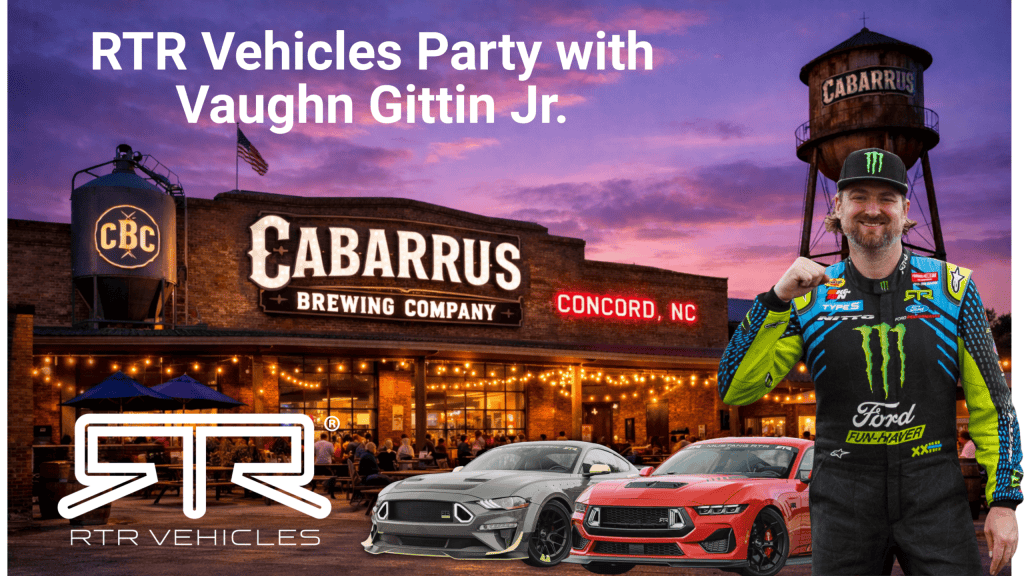 Mustang Week event at Cabarrus Brewing in Charlotte with race cars and Vaughn Gittin Jr.