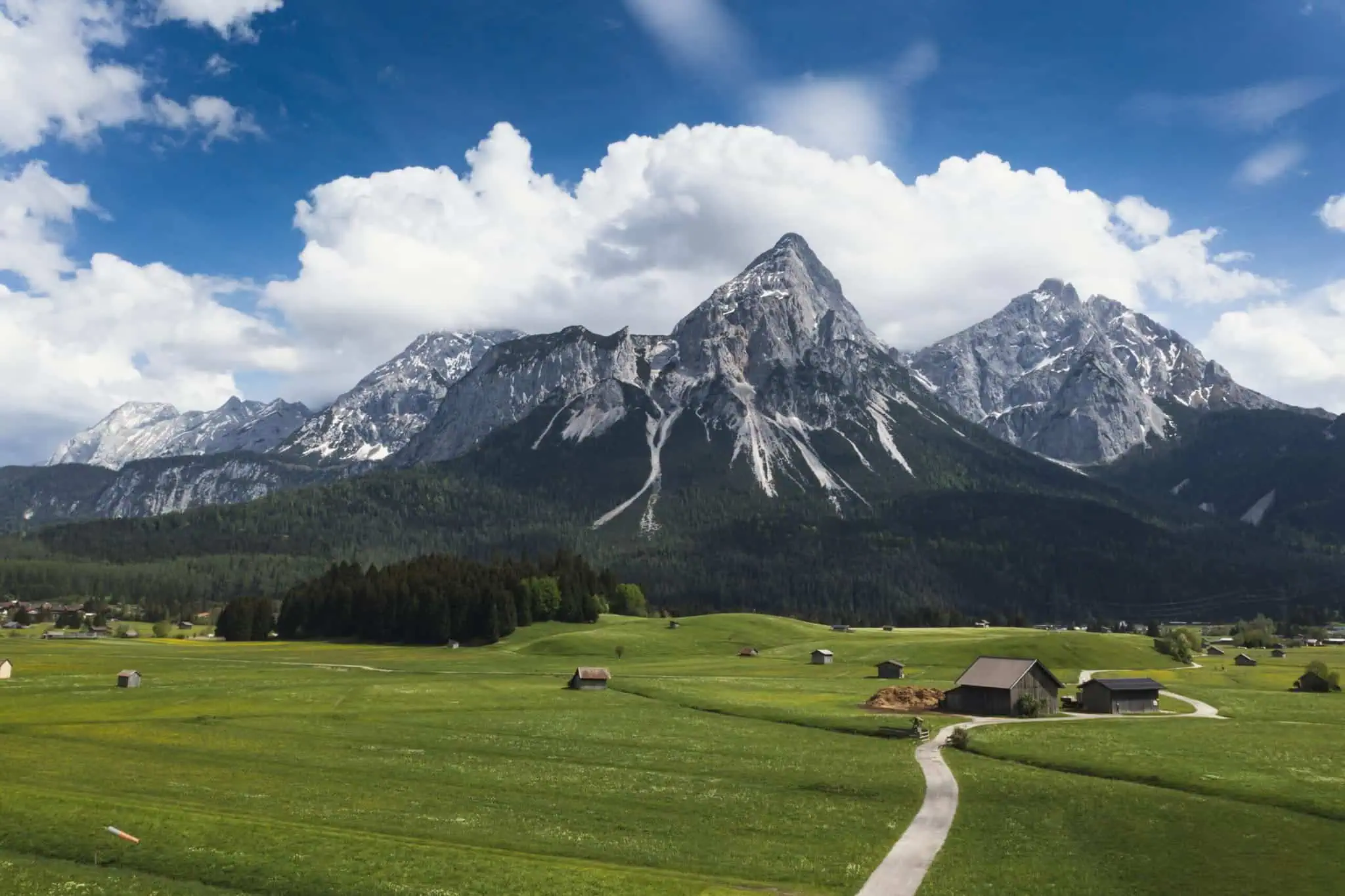 View from Lermoos to Ehrwald and Zugspitze, Zugspitz Massif, Tyrol, Austria