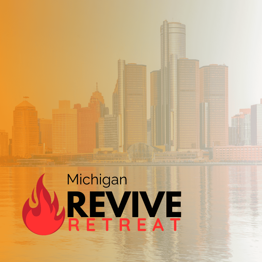 Michigan Revive Retreat logo with city skyline background, worship theme.