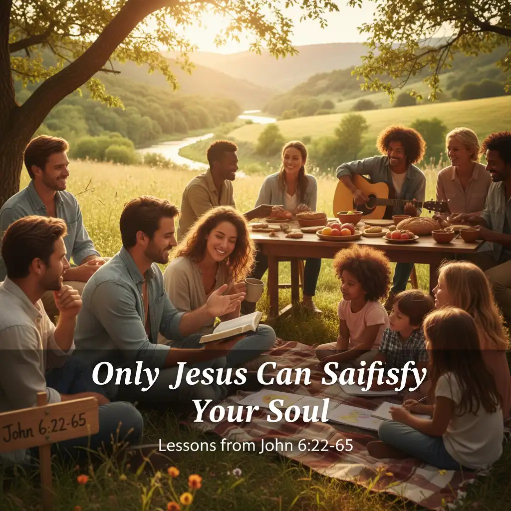 Men, women, kids playing guitar, singing, and sharing a meal under the sunset tree.
