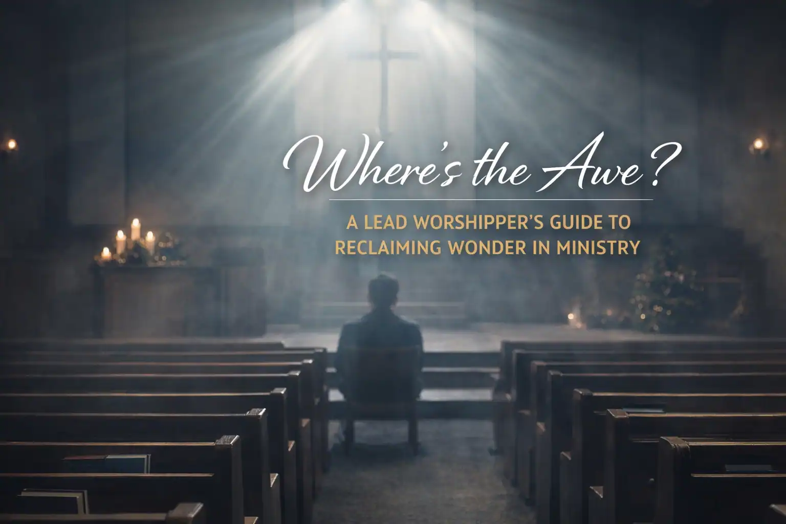 Worshipper in church with cross, seeking divine wonder and inspiration.