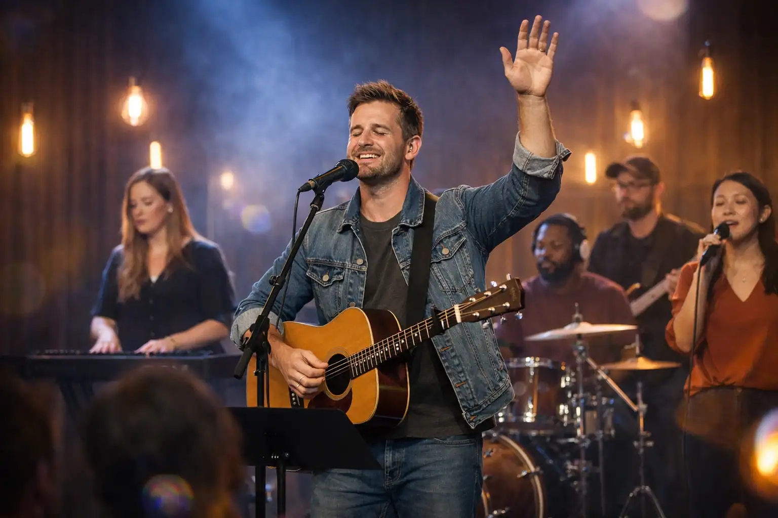 Worship band performing live with guitar and vocals at NLW International event.