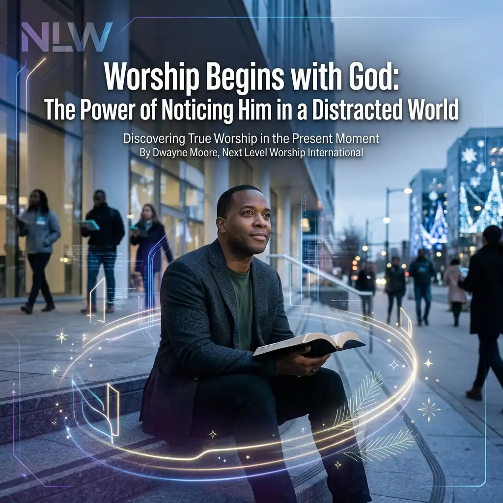 Man reading Bible at outdoor worship event with city background.