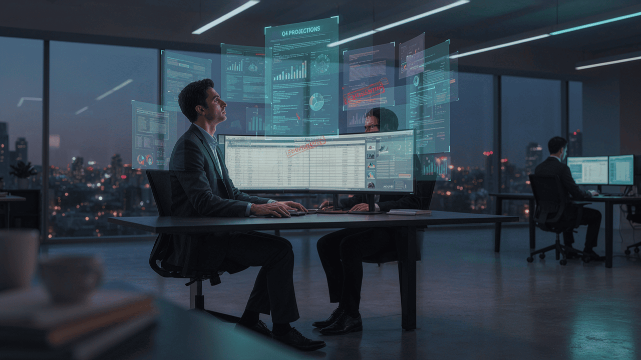 homem business analisando duplicata escritural e dados contábeis no computador