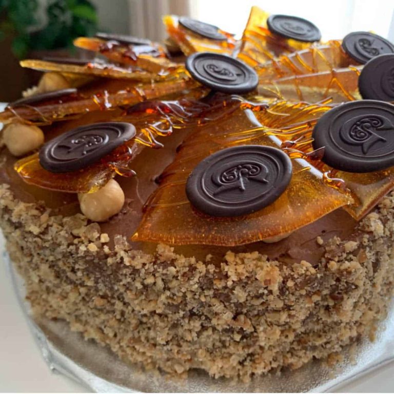 Hungarian Dobos torte with a crown of caramel wedges.
