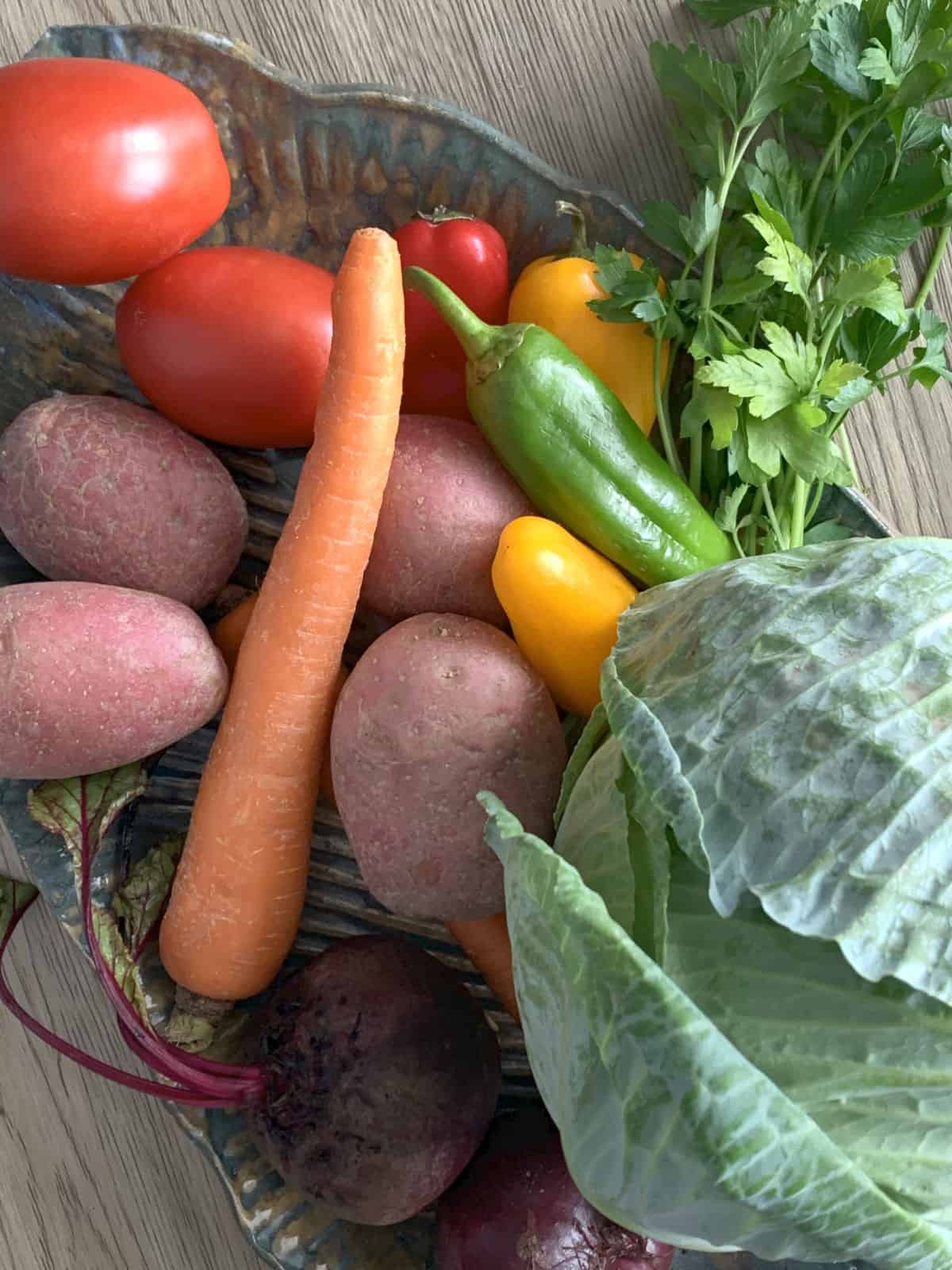 Cabbage, beets, carrots, potatoes.