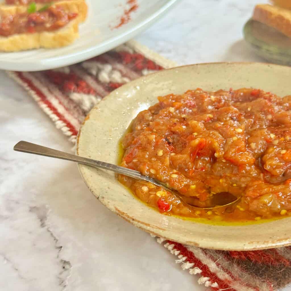 Sideview of an eggplant caviar with a spoon.