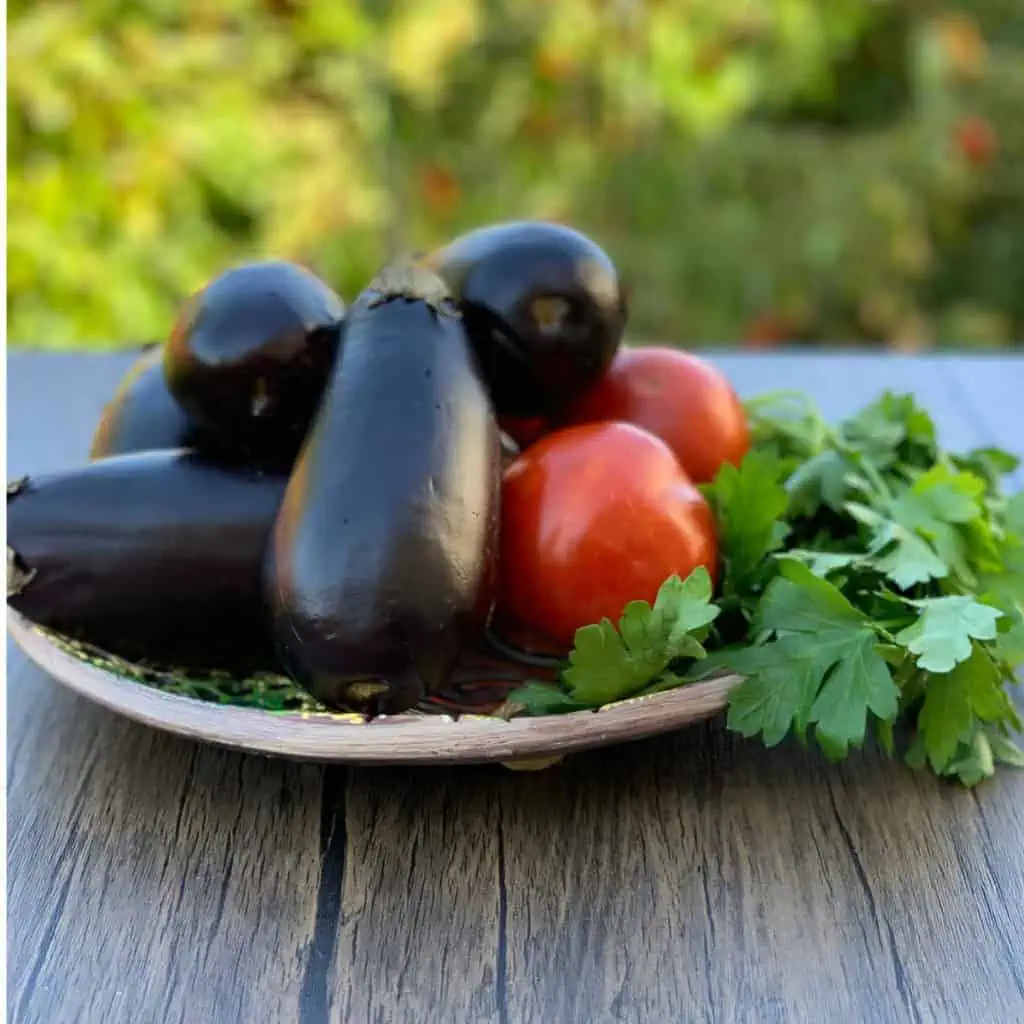 Eggplants, tomatoes, parsley in a bowl.