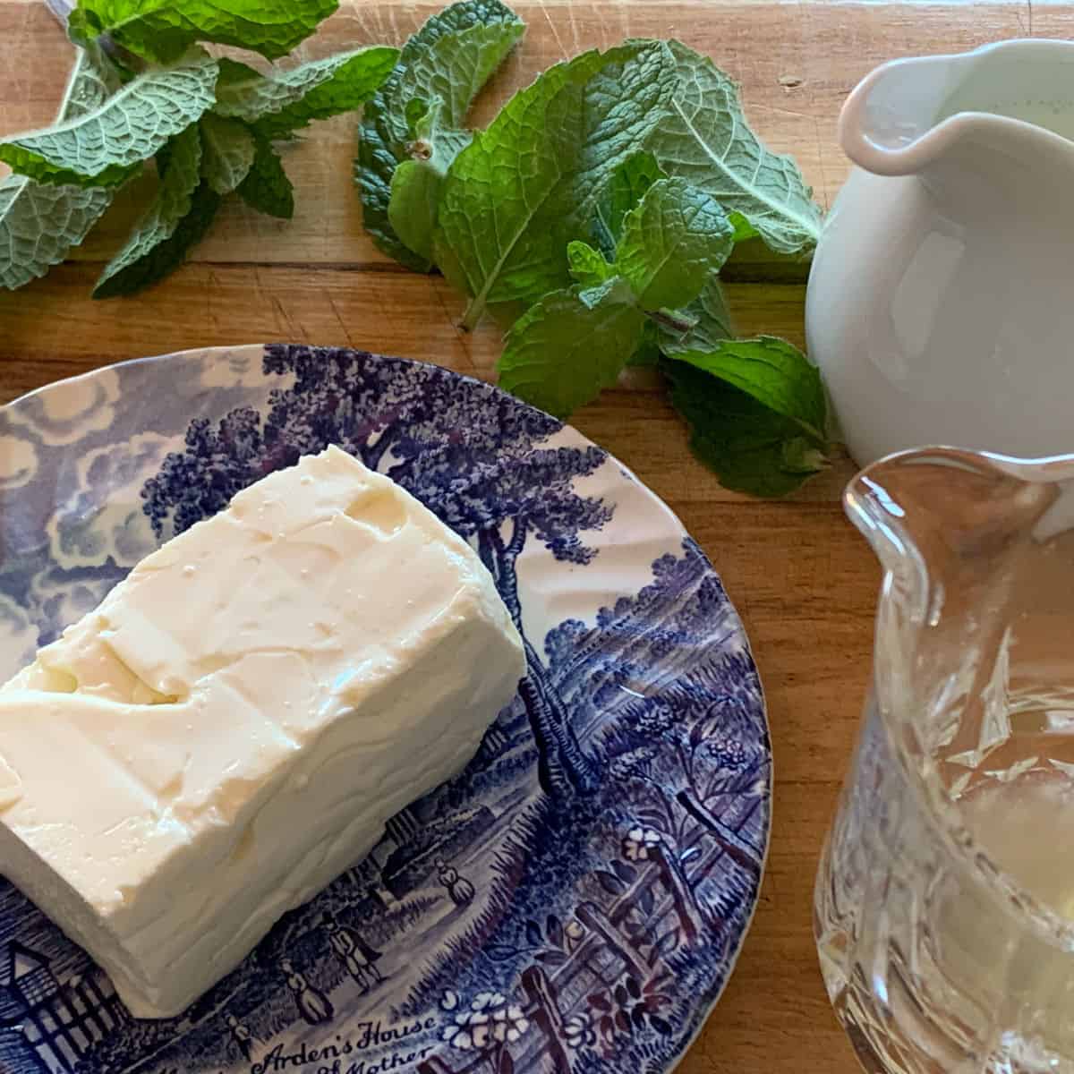 Block of feta cheese, mint, lemon juice and yogurt.