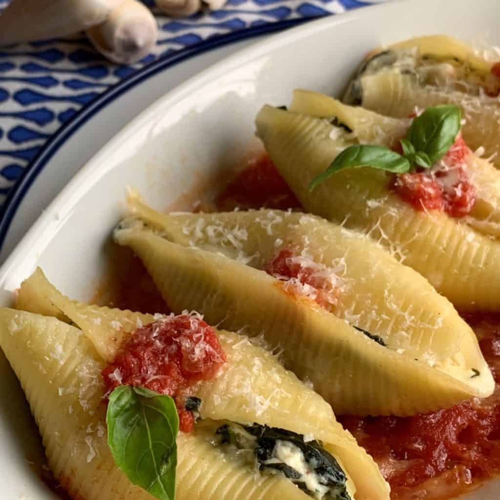 Stuffed Shells in a baking dish.