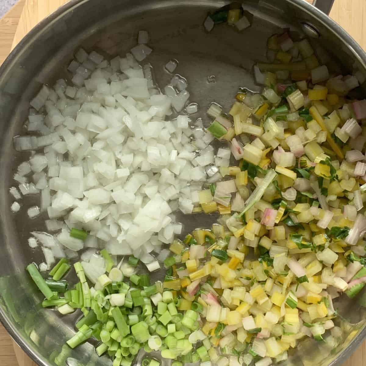Sautéing onions in a saute pan.