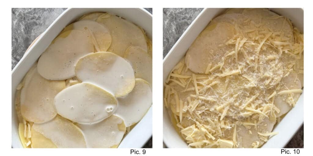 Layering the potatoes and adding the cream.