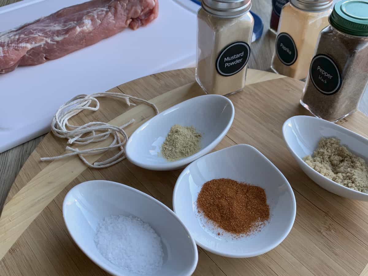 Salt, paprika, mustard, brown sugar, black pepper for dry rub.