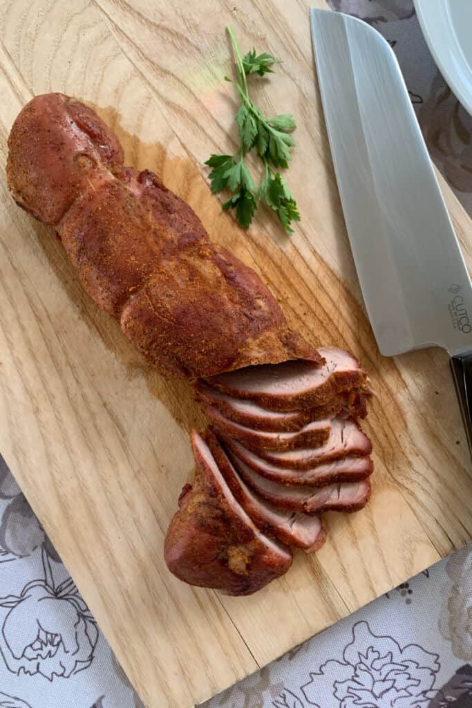 Smoked pork tenderloin sliced.
