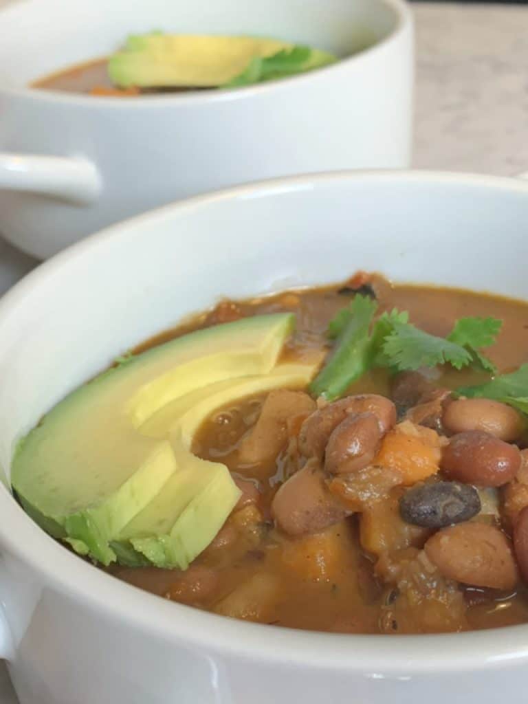 Close-up image of the chili with avocados.