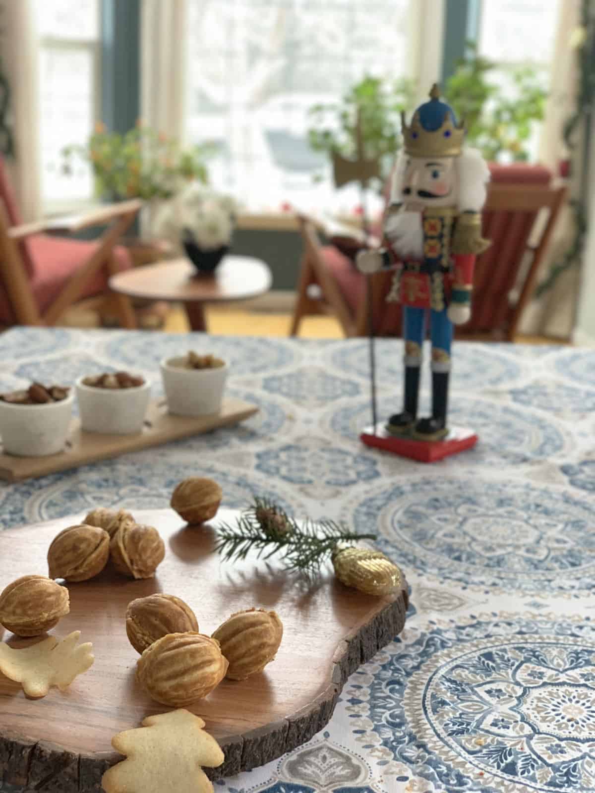 Walnut cookie on a boar and a Christmas