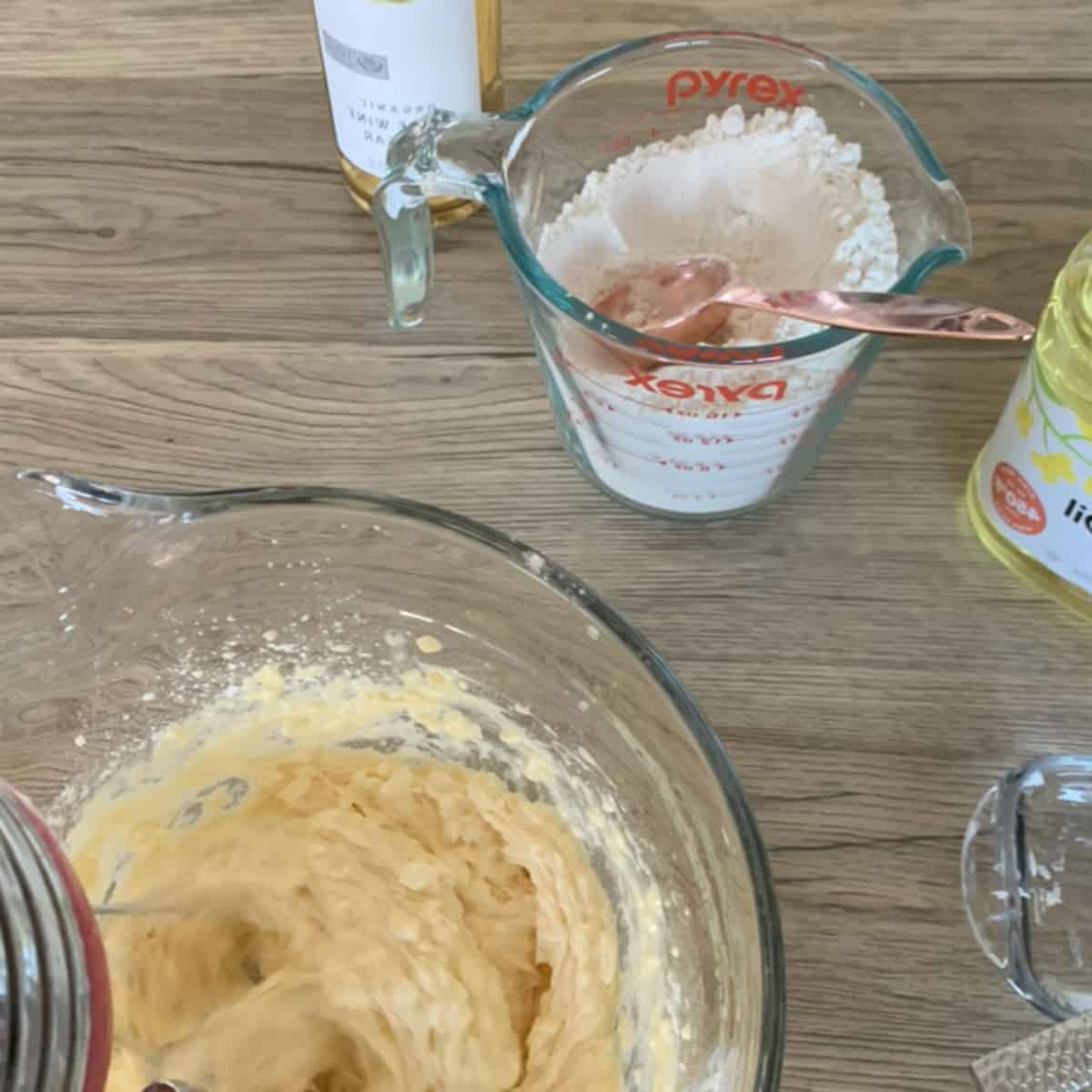 Making batter for oreshki, walnut cookies.