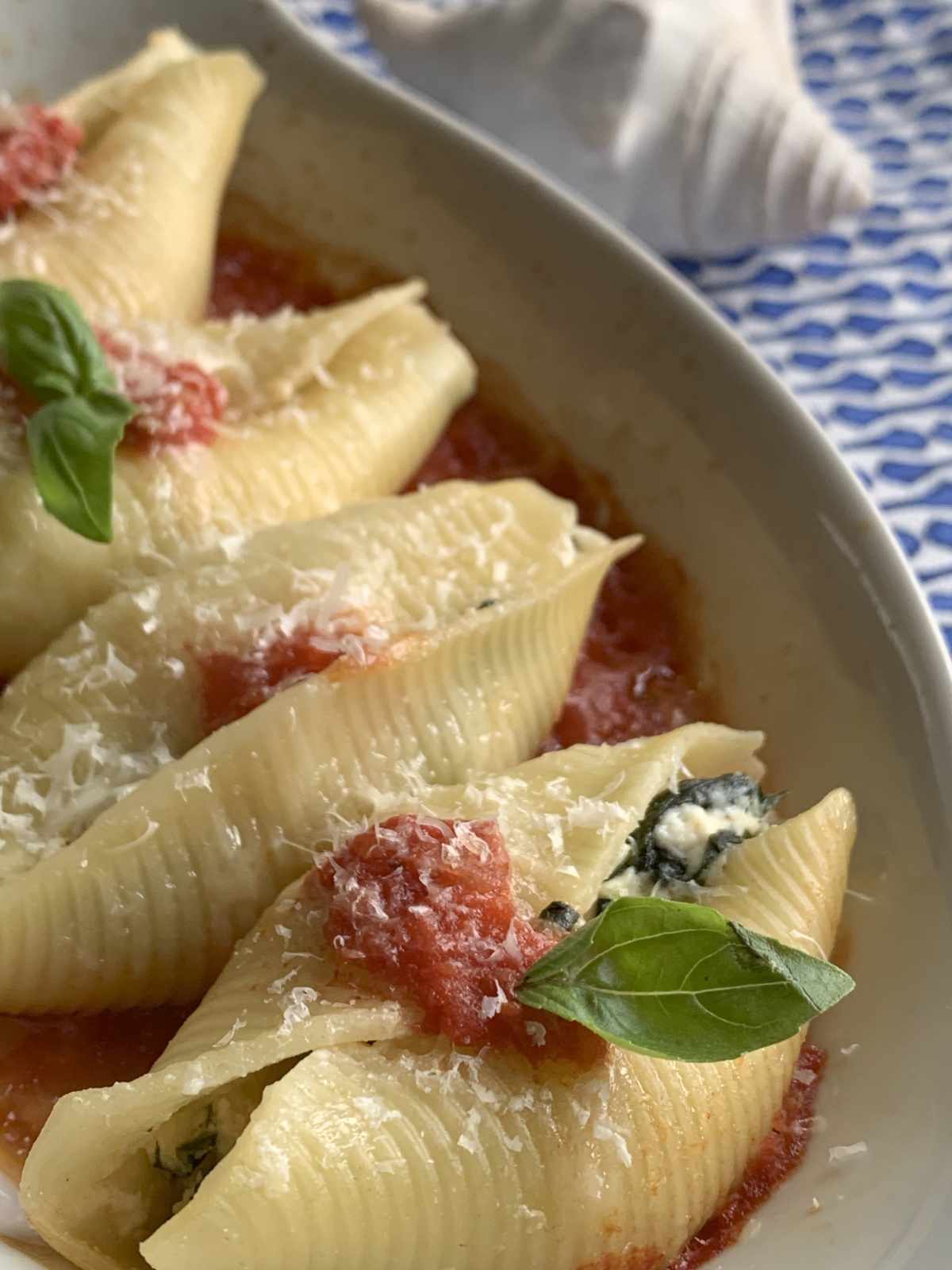 Stuffed Shells in a baking dish.